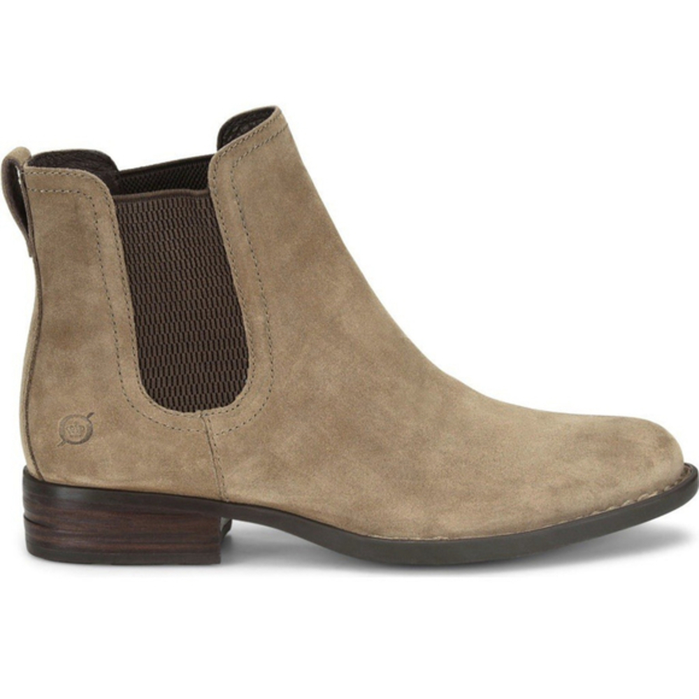 BORN Boots Casco Chelsea Pull-on Elastic-Gore Taupe Suede Ankle womens 9.5 NEW